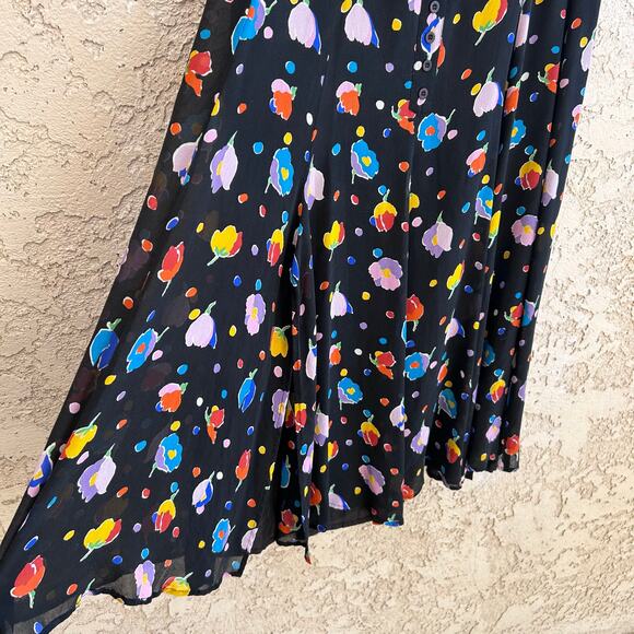 Vintage Button Front Floral 100% Silk Black Midi Elastic Back Small - Picture 4 of 5